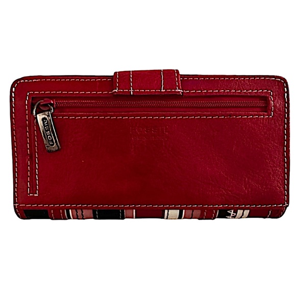 FOSSIL Vintage Red Leather Wallet 6.5”x 3.5” Striped - Picture 2 of 8